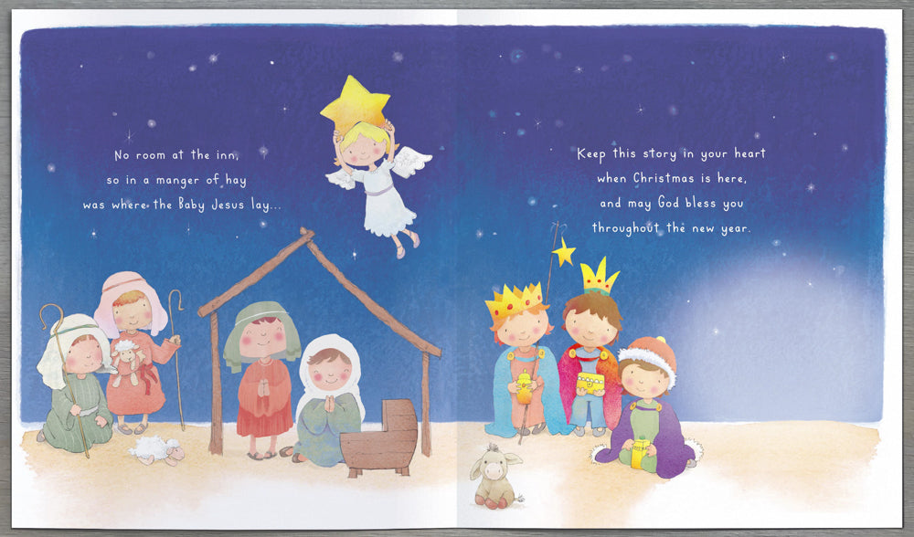 Religious Christmas Card - Baby Jesus Story Crib Three Men & May God Bless You