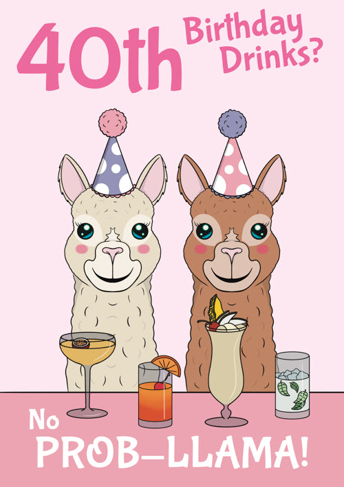 Humour 40th Birthday Card Personalisation - Drinks & Probllama