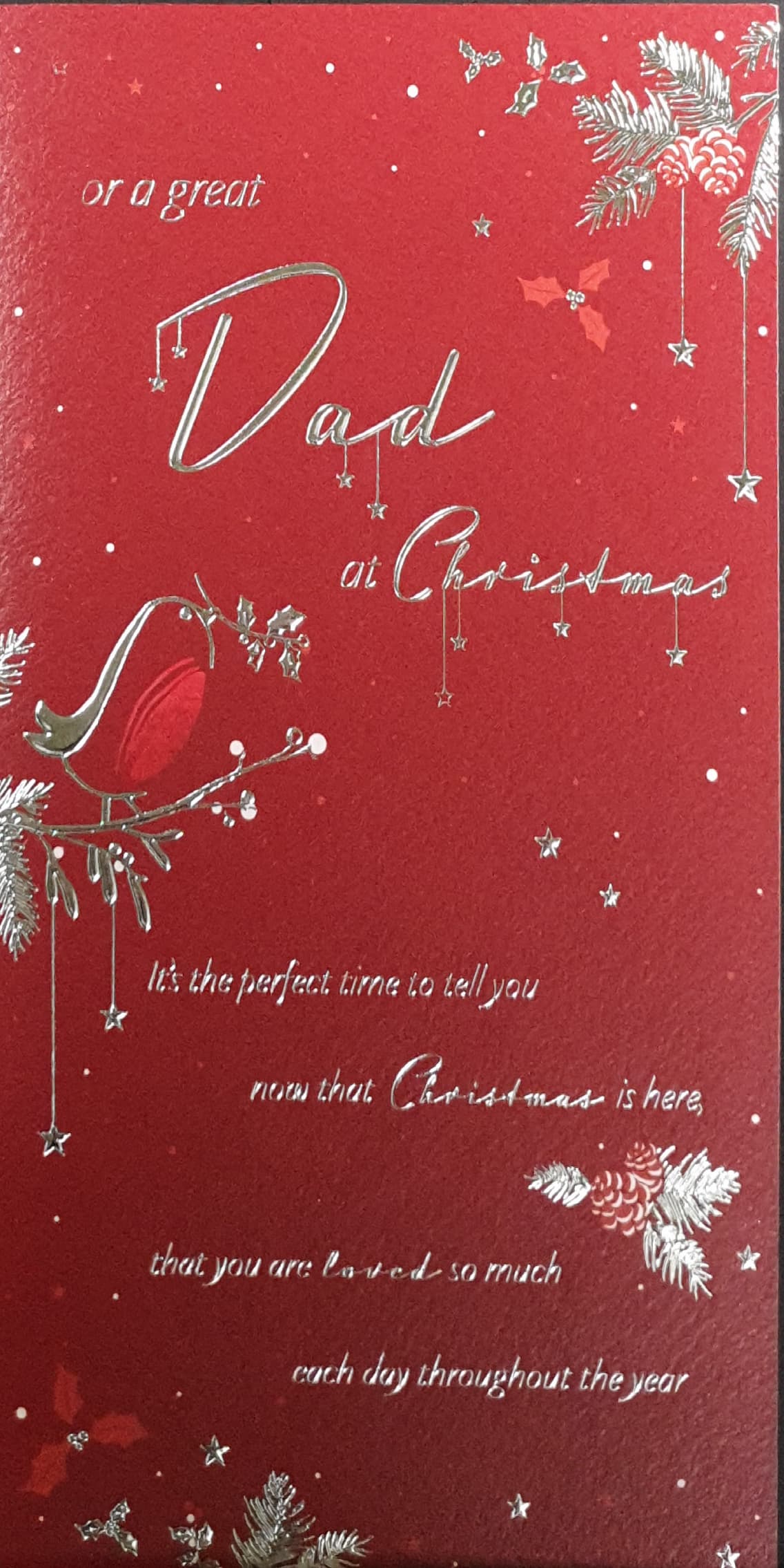 Dad Christmas Card - Shine Gold Font & Robin on Branch