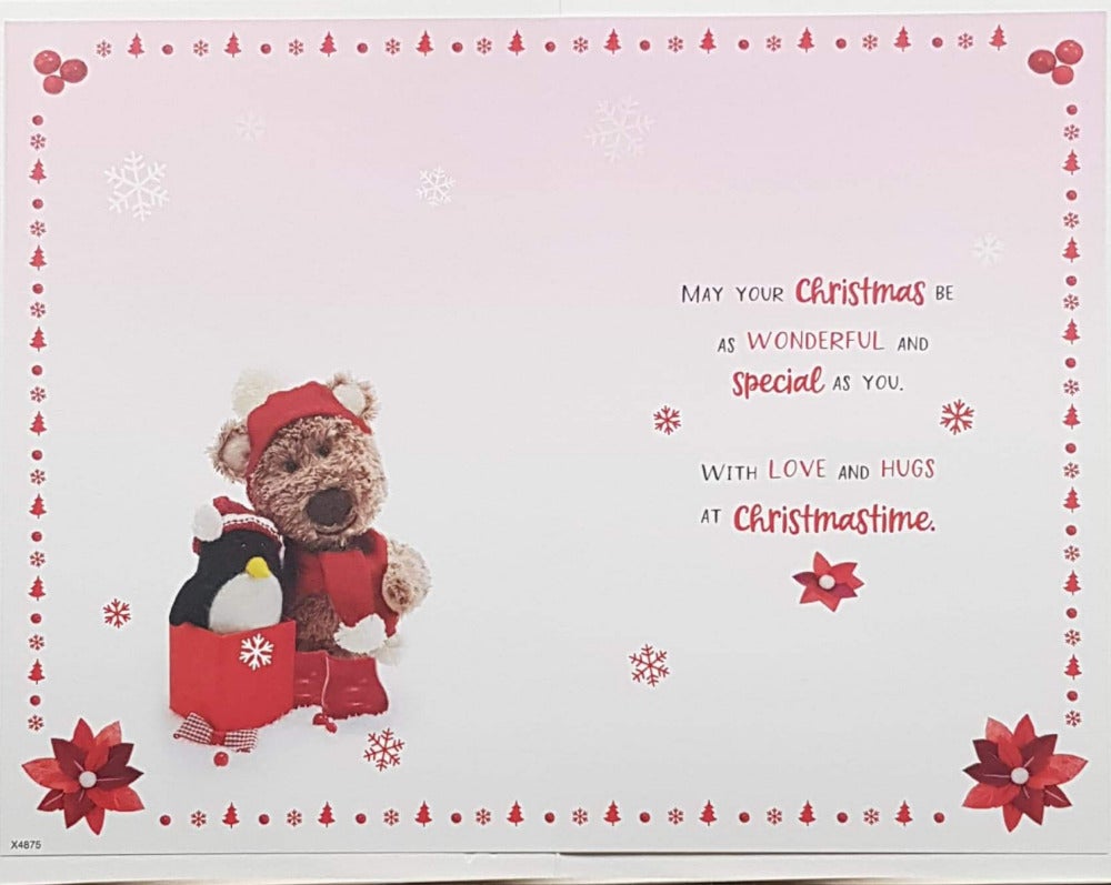 Nanny Christmas Card - Penguine In Gift Box & Curly Teddy Bear