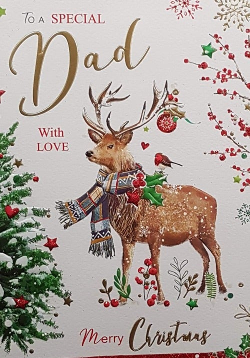 Dad Christmas Card - Raindeer Wearing Male Scarf & With Love