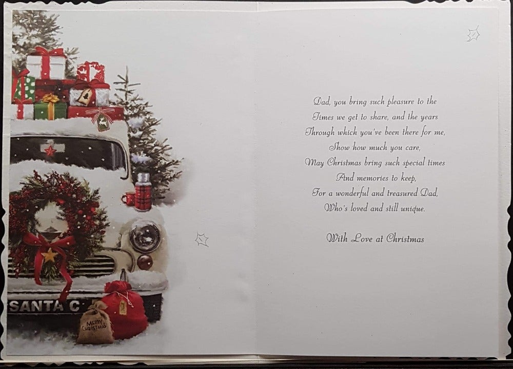 Dad Christmas Card - Presents & Wreath On The Snowy Car