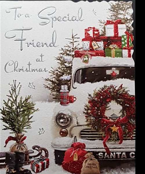 Friend Christmas Card - Car On The Snow With The Gifts On The Top