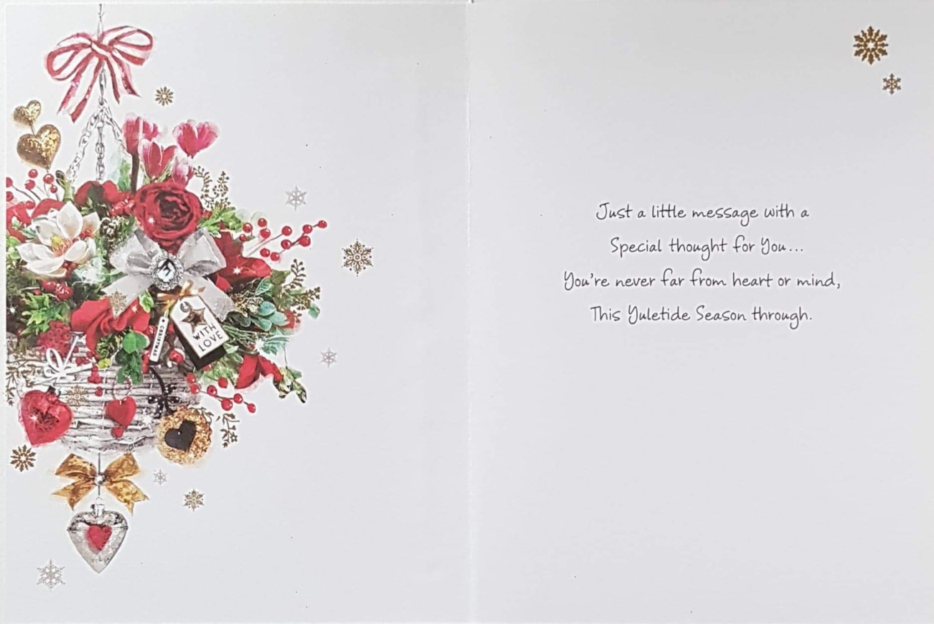 Thinking of You Christmas Card - At Christmas Time & Basket of Red & White Flowers