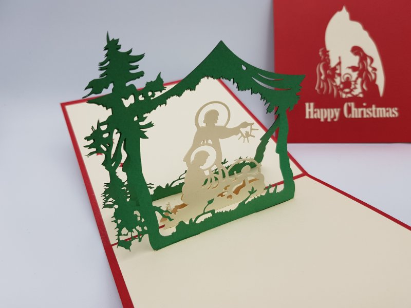 Christmas Pop Up Card - / Nativity Scene Under Green Roof